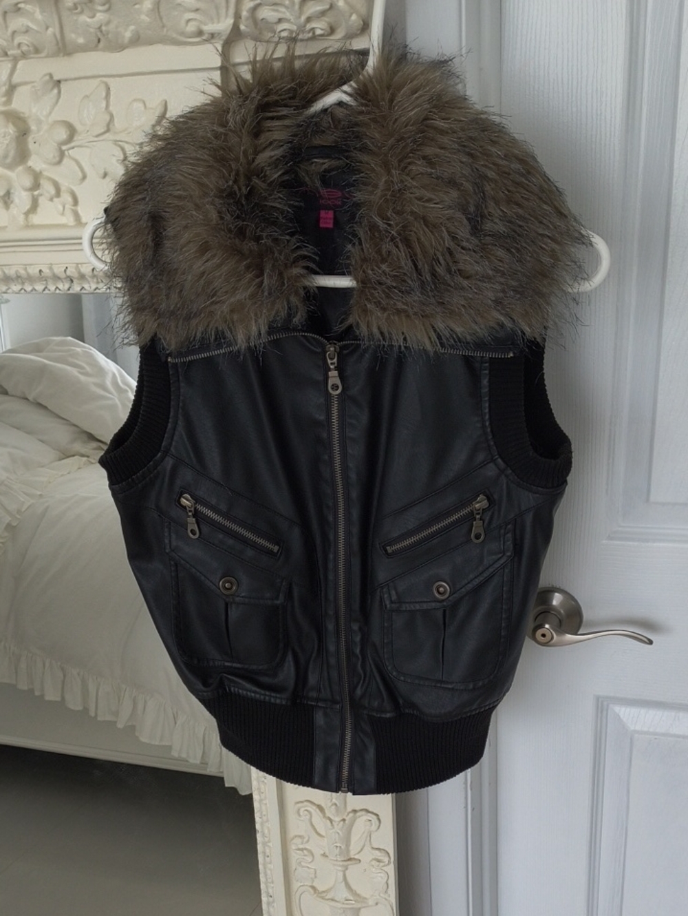 Women's Black Faux Leather Vest with Faux Fur Collar